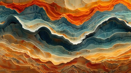 Wall Mural -  A stunning painting featuring orange, blue, and yellow wave patterns against a majestic mountain backdrop