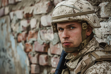 Focused soldier in combat uniform standing against a brick wall background