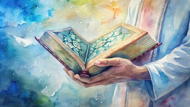 In this watercolor , a hand is seen holding the Qur'an, the holy book of Muslims against a blurred background, Qur'an, Holy Book, Muslims, Islam, Hand, Public Item, Religion, Faith