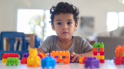 Preschooler Playing with Colorful Blocks, Latin Child Engaged in Educational Fun at Kindergarten. Cognitive Development, Motor Skills Training.