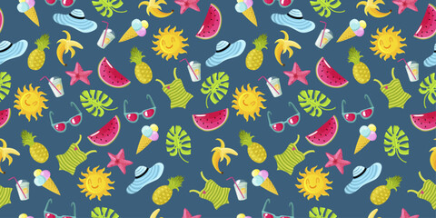 Aufkleber - Summer pattern, watermelons, palm leaves, sun, ice cream, glasses, pineapple, banana. Beach and summer pattern for the holiday season.