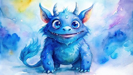 Blue cartoon monster animal watercolor , cute, fun, fantasy, creature, monster, character, whimsical,painting, watercolor, art, blue, vibrant, colorful, design, cute monster