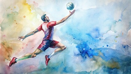 Wall Mural - Volleyball player hitting ball over net on clear surface watercolor , volleyball, spike, sports, competition, athlete, action, game, team, sportswear, net, jump, motion, athletic, movement