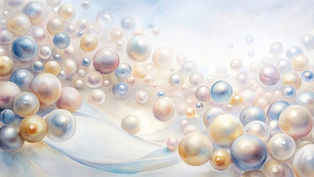 A cascade of luminous pearls dancing in white space on a clear surface , pearl, white, luminous, dancing, cascade, watercolor, elegant, luxurious, delicate, beauty, abstract,shiny