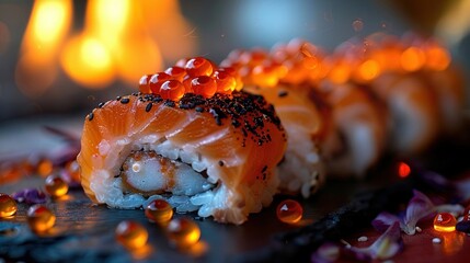 Sticker -   A close-up of a sushi on a plate with a candle in the background and bubbles on the table