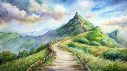 Scenic path leading to the top of a mountain in a watercolor painting, mountain, path, hiking, landscape, nature, watercolor, scenic, peaceful, serene, tranquil, outdoors, adventure, journey