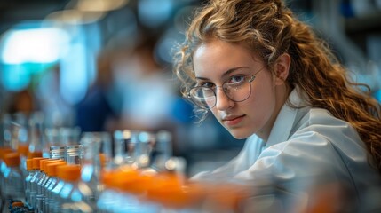 Wall Mural - A woman in lab coat looking at something on a table, AI