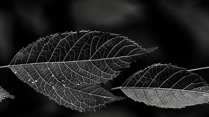 Wall Mural -   A monochromatic picture of a leaf with water droplets on its surface is in the foreground