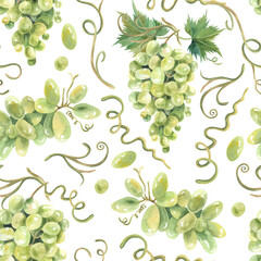 Wall Mural - Green grapes, vine watercolor, seamless pattern. Hand drawn. For kitchen textile, fabric, design, packaging, wallpaper. Food illustration