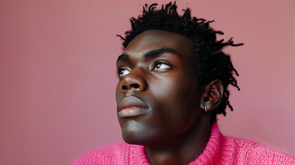 young black fashion model man wearing pink long sleeve wool t-shirt