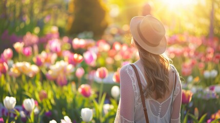 Sticker - A woman in a hat looking at flowers with sun shining, AI