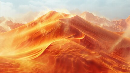 Poster -   A digital art of a mountain range with orange-yellow smoke emanating from its peaks and a blue backdrop