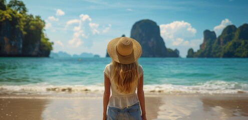 Wall Mural - Woman in Hat Standing on Beach