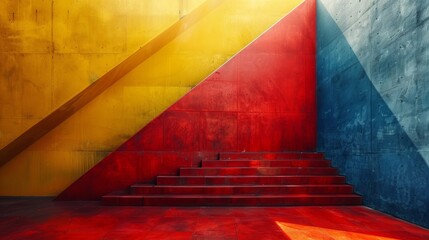 Sticker - A red, yellow and blue stairs in a room with sunlight, AI