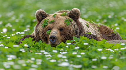 Wall Mural -   A majestic brown bear lazily lounges atop a verdant field brimming with blossoming white flowers and lush greenery