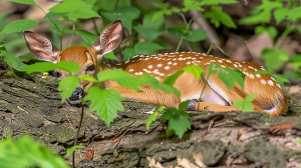 Sticker -   Deer atop tree, surrounded by verdant foliage