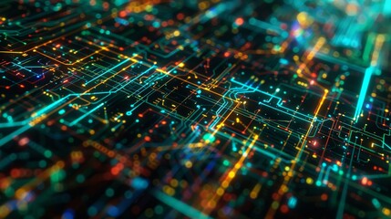 A computer chip with many different colored lines and dots.
