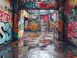 © Dee - Artistic 3D depiction of an urban setting transformed by graffiti and street art, with vibrant spray-painted murals and tags covering walls and surfaces, capturing the raw energy and creativity of