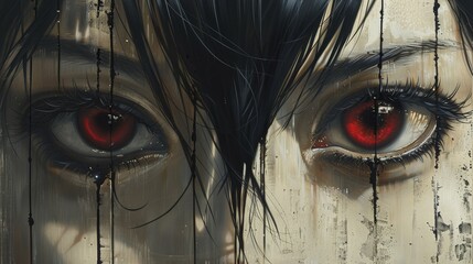 Wall Mural - A close up of a painting with red eyes and black hair, AI