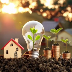 Energy saving return on investment with the concept of shining light bulbs, green plant shoots growing, miniature houses and gold coins