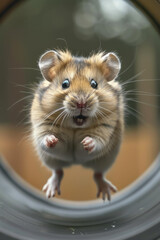 Wall Mural - An excited hamster running on a wheel, eyes gleaming with enthusiasm,