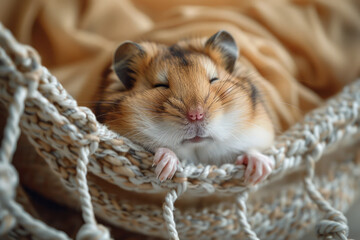 Wall Mural - A calm hamster lounging in a hammock, eyes half-closed and looking serene,