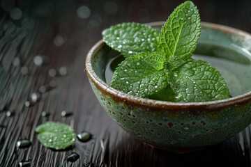 Poster - A small bowl with a few drops of essential oil and a sprig of mint,