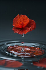Poster - Minimalist depiction of a single flower petal dropping into a clear liquid,