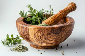 Poster - A minimalist image of a wooden mortar and pestle with a few crushed herbs beside it,