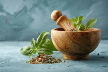Poster - A minimalist image of a wooden mortar and pestle with a few crushed herbs beside it,