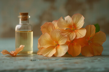 Poster - A few petals of a flower arranged beside a small, simple glass vial,