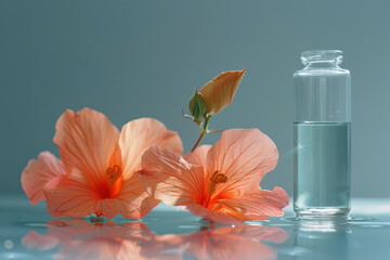 Poster - A few petals of a flower arranged beside a small, simple glass vial,