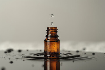 Poster - A single droplet of essential oil falling into a small glass bottle against a white background,