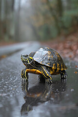 Wall Mural - A turtle in a snug raincoat, slowly making its way across a wet path,