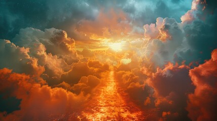 A fiery road to the sky amidst the clouds, at the end of which are the white gates of heaven.