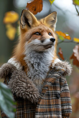 Wall Mural - A fashionable fox in a plaid raincoat, standing under a large leaf,