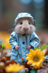 Wall Mural - A tiny hamster in a miniature blue raincoat, nibbling on a sunflower seed,