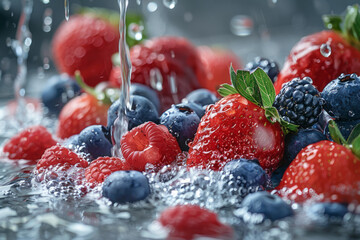 Poster - Close-up of fresh berries being washed under running water, with droplets glistening,