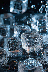 Poster - Close-up of ice cubes being added to a blender, with condensation forming on the surface,