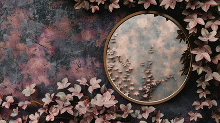 Canvas Print - A round mirror on a wall with leaves and flowers, AI