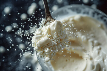 Poster - Macro image of a spoonful of Greek yogurt being added to the smoothie mix,