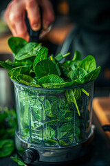 Poster - Detailed shot of a handful of spinach leaves being placed into the blender,