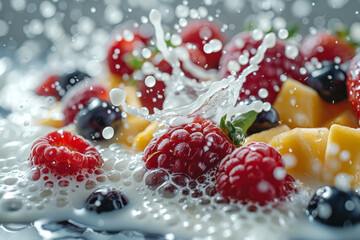 Poster - Close-up of a splash of almond milk being poured over fresh fruits in a blender,