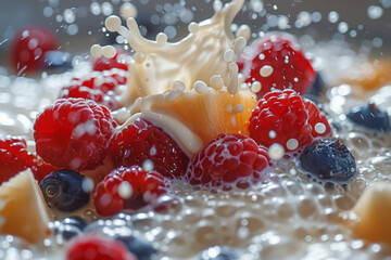 Poster - Close-up of a splash of almond milk being poured over fresh fruits in a blender,