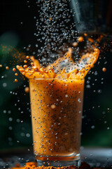 Poster - Macro shot of chia seeds being sprinkled onto a smoothie mixture,
