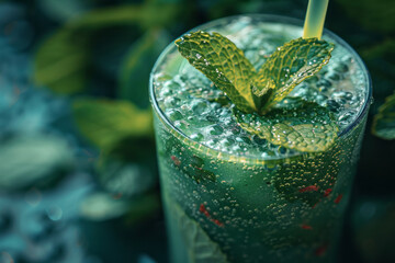 Poster - Macro shot of a garnish of mint leaves being placed on top of a smoothie,