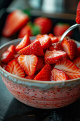 Poster - Macro image of sliced strawberries being arranged on a smoothie bowl,