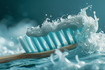 Leinwandbilder - A toothbrush with toothpaste forming a wave pattern on the bristles against a teal background,