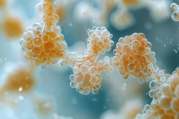 Poster - A macro shot of yeast fungi forming chains, with each cell connected in a linear arrangement,