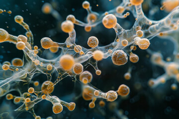 Poster - A macro shot of yeast fungi forming chains, with each cell connected in a linear arrangement,